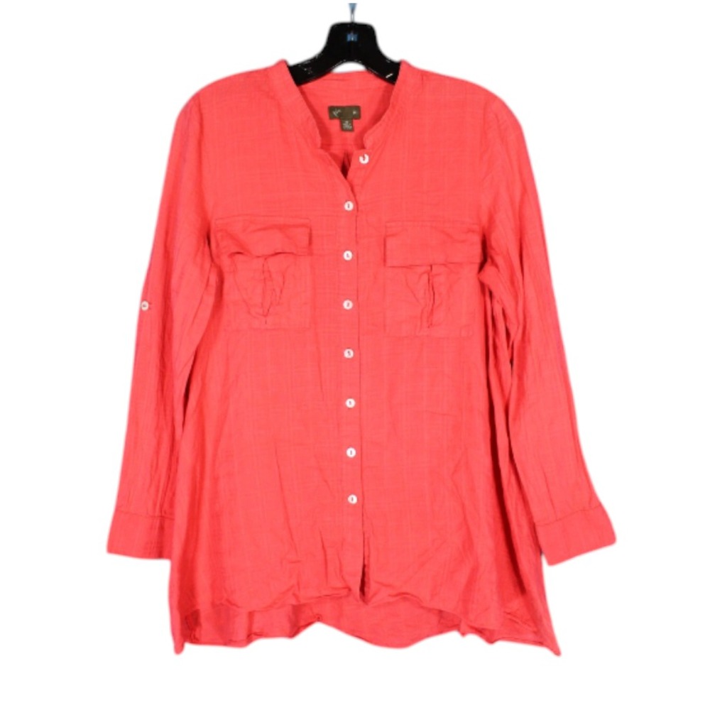 FEI Anthropologie TWILL Coral PLAID Button-Up POCKETS Swing Blouse/Tunic Top XS